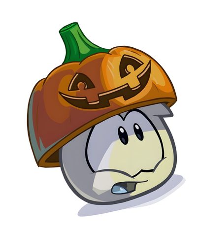 a cartoon pumpkin with a jack - o'- lantern hat on top of it Club Penguin Halloween Club Penguin Orange, Orange Club Penguin, Puffin Club Penguin, white