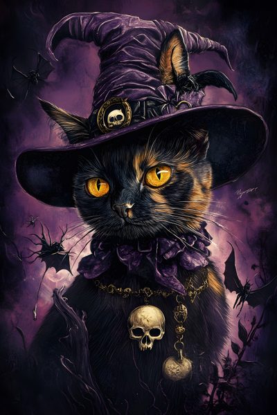 a painting of a cat wearing a witches hat and holding a skull on its chest Halloween Witch Cats Custom Witch Cat Pictures, Halloween Witch Cat, Halloween Magic Cat, black