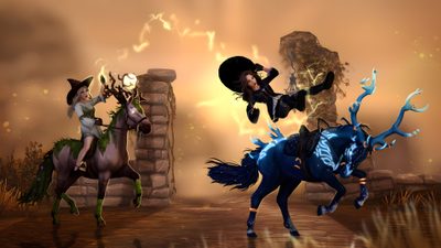 two animated women riding horses in front of a stone wall Star Stable Halloween 1920x1080 Witch, 3d Artist, Halloween, Instagram Profile, Stars, Stables, sienna