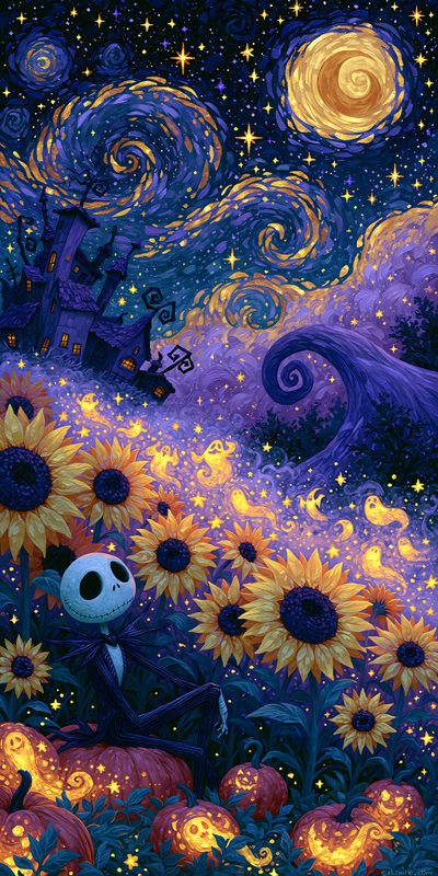 a painting of sunflowers and a skeleton in the night sky Halloween Phone Nightmare Before Christmas Jack Skellington, Iphone 13pro, Halloween Iphone Nightmare Before Christmas, dark slate gray