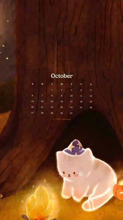 a calendar with an image of a cat sitting in front of a tree and pumpkins Halloween Calendar Calendar, Tablet, Phone Art, Cute For Phone, Pastel, maroon