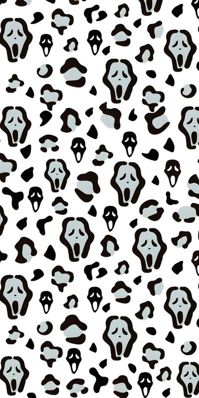 black and white animal print with skulls on the back ground, all in different sizes Halloween Cheetah Print Aesthetic Phone Call Background, Background For Phones, Scream Preppy, white