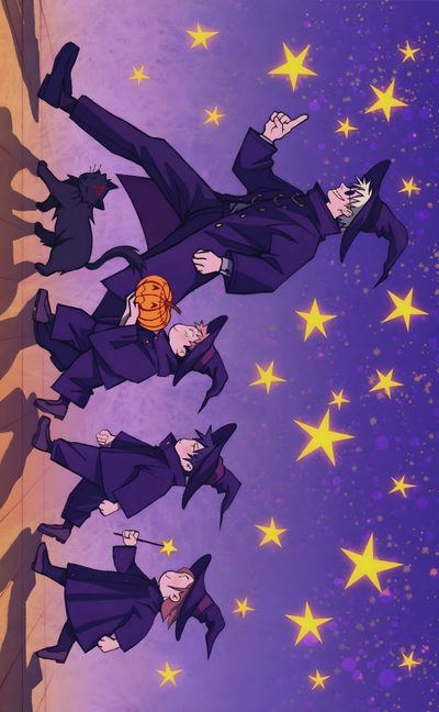 an animated image of some people flying in the air with stars around them on a purple background Halloween Jjk Jjk Thanksgiving, Jujutsu Kaisen Witch, Gojo Jjk Team Gojo, dark slate blue