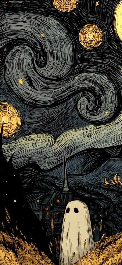an image of a ghost in the middle of a field with stars and swirls Halloween Iphone Ghost Cartoon, Dark, Pretty Backgrounds, Arte Van Gogh, Abstract Art, Artistic, black