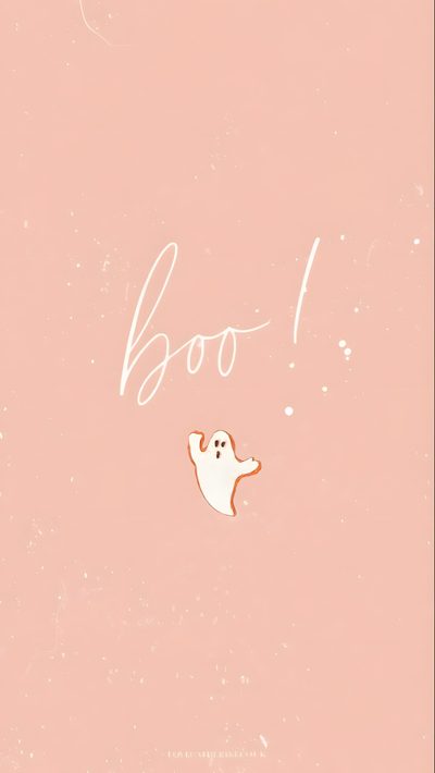 a pink background with the words boo on it and a ghost floating in the air Halloween Peach Cute Aesthetic Halloween, Pastel Orange Halloween Background, Neutral Halloween Phone, light pink