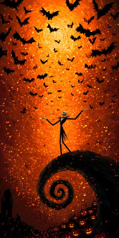 a painting of a person standing on top of a hill surrounded by bats This Is Halloween Nightmare Before Christmas This Is Halloween Nightmare Before Christmas, Fall Nightmare Before Christmas, Halloween Nightmare, maroon