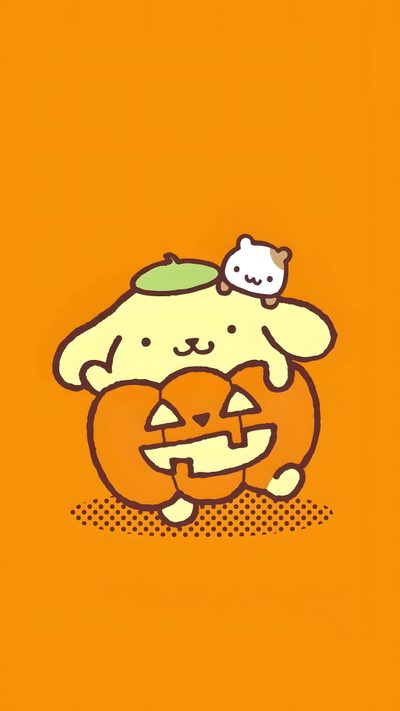 an orange background with a dog holding a pumpkin Sanrio Halloween Pompompurin Autumn, Pompompurin Thanksgiving, Pompompurin Halloween Background, dark orange