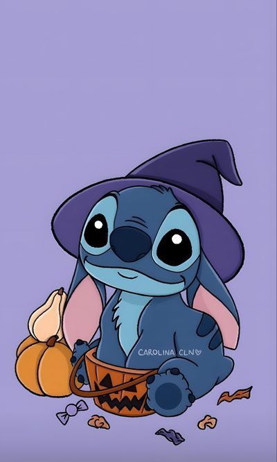 stitcher lil the rabbit sitting in a basket full of pumpkins and wearing a witches hat Kawaii Kawaii Cute Stitch Halloween Halloween, Collage Disney, Disney Mignon, Lilo I Stich, light steel blue