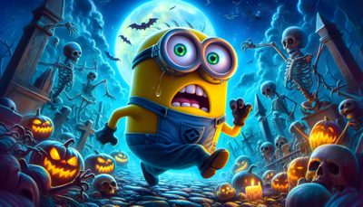 a cartoon minion running through a graveyard with pumpkins and skeletons in the background Minion Halloween Desktop Minions Desktop, Minions Halloween, Desktop Minions, dark slate gray