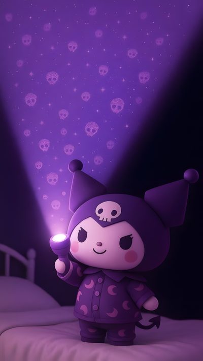 a little kid in a purple outfit with skulls on the wall behind it and a skull light Halloween Purple Halloween Cute Kuromi Cute Kuromi 3d, Kuromi Purple Cute, Kuromi Iphone, dark slate blue