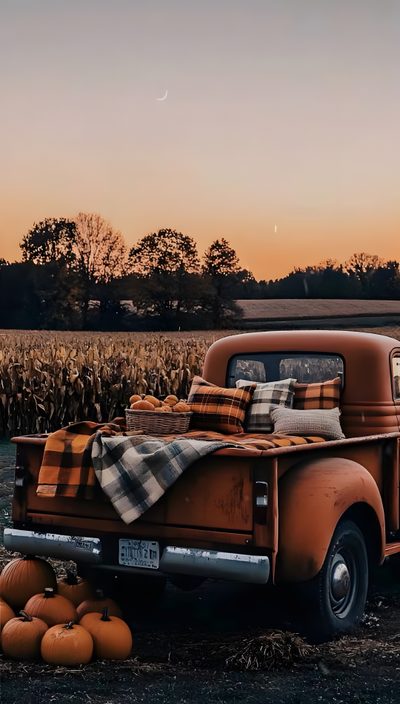 an old pickup truck parked in a field with pumpkins on the ground next to it Country Halloween Fall Background Aesthetic, Backgrounds Fall Aesthetic, Fall Pictures Background, dark olive green