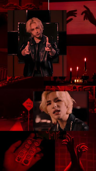 a collage of photos with the same person holding a cell phone Hyunjin Halloween Skz Venom Spider, Hyunjin Venom Outfit, Venom Stray Kids, Stray Kids Red And Black,