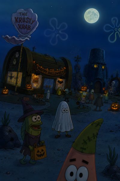 two cartoon characters dressed as witches and ghostes standing in front of a halloween shop Spongebob Halloween Night Aesthetic, Halloween Night, Halloween, dark slate gray