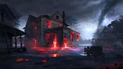 a creepy house is lit up with red lights in the dark and it appears to be halloween Bing Halloween Haunted Barn Hd, Spooky House For Laptop, Haunted House Background, dark slate gray