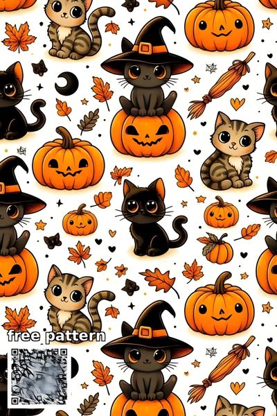 halloween cats and pumpkins on a white background Halloween Cats Bats Owls Spiders Sm Halloween Cat Background, Adorable Halloween Pattern, Cute Halloween Cat Background, light salmon