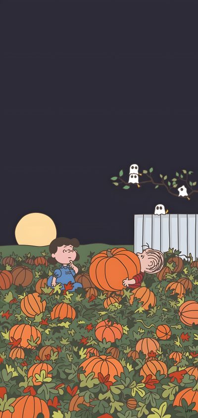 charlie brown and his pumpkins are in the yard at night, with one person sitting on Charlie Brown Halloween Iphone Aesthetic Fall Lockscreen, September Aesthetic Iphone, Aesthetic Fall Backgrounds, dark slate gray