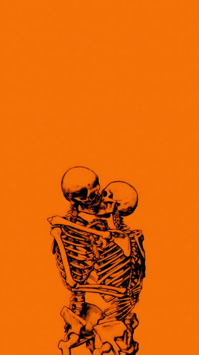 an orange background with a black and white drawing of a skeleton sitting in a chair Retro Halloween Orange Orange Cartoon, Orange Illustration, Orange, Halloween, Spooky Halloween, chocolate