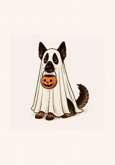 a dog dressed up as a ghost with a pumpkin in its mouth Halloween Dog Cute Halloween Photos, German Shepherd Pumpkin Painting, Cute Fall Art, Halloween Dog, linen