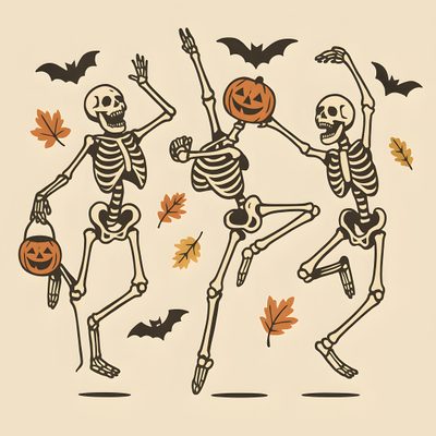 three skeletons dancing with pumpkins and bats Halloween Dance Aesthetic Vintage Halloween Art, Retro Halloween Graphics, Halloween Fall Widgets, bisque