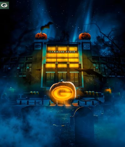 an advertisement for the lego movie, featuring a building with pumpkins on its roof Packers Halloween Lambeau Field, Go Pack Go, Green Bay Packers, Happy Halloween, Halloween, Green, black