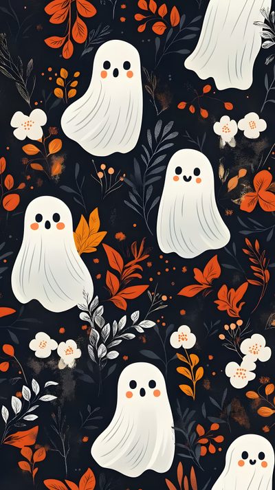 a black background with white ghost and orange leaves on it, surrounded by red flowers Halloween Flowers Halloween Aesthetic Iphone, Autumn Ghost Illustration, Pumpkin Artwork, black