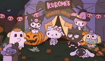 an animated halloween scene with cats and pumpkins in front of a sign that says kudom's haunted house Kuromi Sanrio Halloween Hello Kitty Halloween Laptop, Sanrio Fall Laptop, Hello Kitty Halloween Desktop, dark olive green