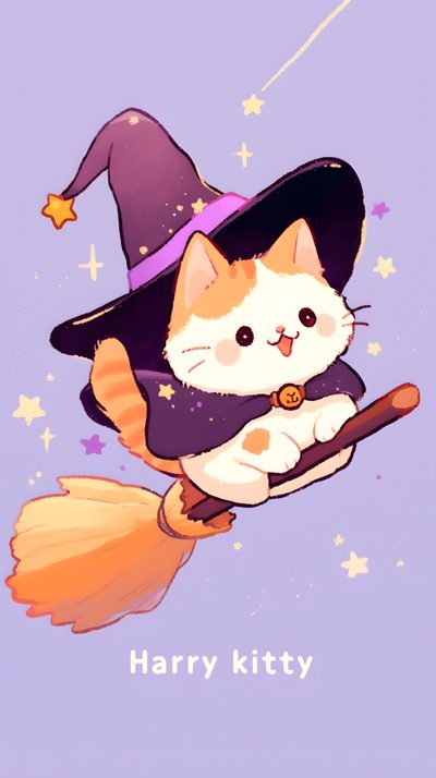 a cat flying on top of a broom with a witches hat and stars in the background Kawaii Cute Halloween Cat Kawaii Cute Halloween Cat, Cute Cat Halloween, Chat Halloween Kawaii, thistle