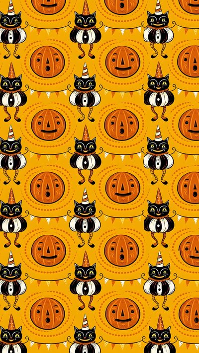 an orange background with black cats and pumpkins Johanna Parker Halloween Orange Halloween, Black Room Decor, Seasonal Photography, Halloween Backdrop,