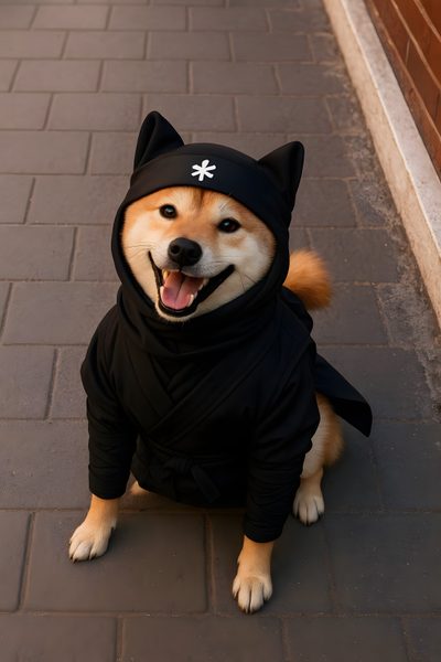 a dog wearing a hoodie sitting on the ground with its mouth open and tongue out Shiba Inu Halloween Doge Ninja, Shiba Pokemon, Ninja Shiba Inu, Shiba Inu Samurai, dark olive green