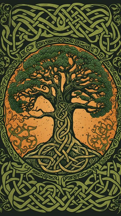 the tree of life is depicted in an intricate celtic style design, with orange and green colors Halloween Celtic Celtic Mythology, Celtic Irish Art, Yggdrasil Iphone, Celtic Ideas, dark olive green
