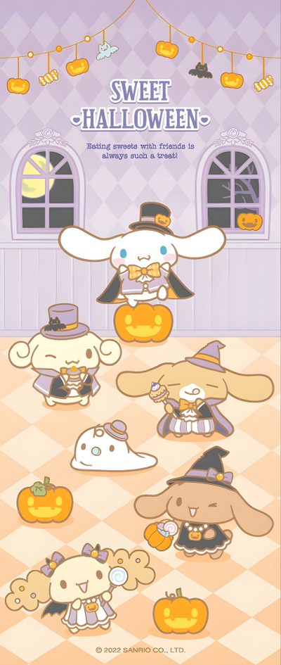 an image of halloween characters with pumpkins in the background and text that reads, sweet halloween Cinnamon Roll Hello Kitty Halloween Cinnamoroll Fall, Cinnamon Roll Thanksgiving, Cinnamoroll Halloween, gainsboro