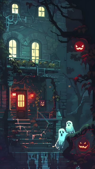 an animated halloween scene with pumpkins and ghost's in front of a house 8 Bit Halloween Halloween Pixel Art, Pixel Halloween Background, Pixel Art Spooky, dark slate gray