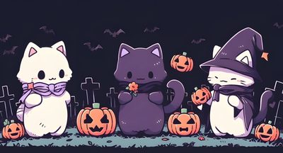 three cats dressed up as witches with pumpkins in front of them and bats on the ground Anime Cat Halloween Halloween Pc, Halloween Sanrio Desktop, Halloween Cute Laptop, dark slate gray