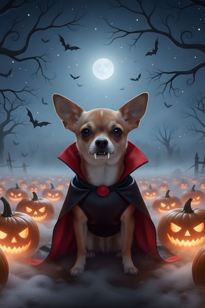 a small dog dressed up as a vampire sitting in front of pumpkins at night Halloween Chihuahua Chihuahua Love, Dog Halloween Costumes, Halloween Photos, Chihuahua Dogs, dark slate gray