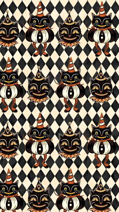 a black and white checkered pattern with cats wearing hats on it's heads Johanna Parker Halloween Vintage Halloween Art, Halloween Queen, Goth Home, Goth Home Decor, dark slate gray