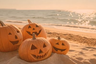 three carved pumpkins sitting in the sand at the beach Beach Halloween Halloween Beach, Halloween Books, Gothic Horror, Beach Time, Beach Reading, dark khaki