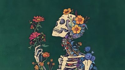 a drawing of a skeleton holding flowers in its hand and looking at it's face Halloween Skeleton Desktop Cover Pics For Facebook Aesthetic, Van Gogh, Cover Pics, dark slate gray