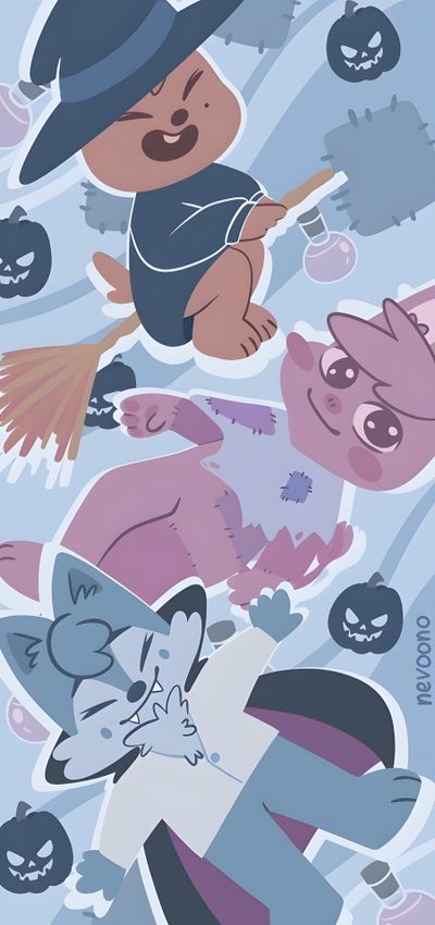 an image of halloween stickers in the air with cats and pumpkins on them Straykids Halloween Halloween Skzoo, Stray Kids Characters, Skz Halloween, Stray Kids Halloween, dark gray