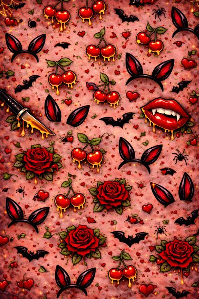 a painting of red roses and bats on a pink background with other images in the bottom right corner Halloween Cherry Cute Creepy Backgrounds, Horror Background, Horror Cute, Heart Iphone, Cute Horror, sienna