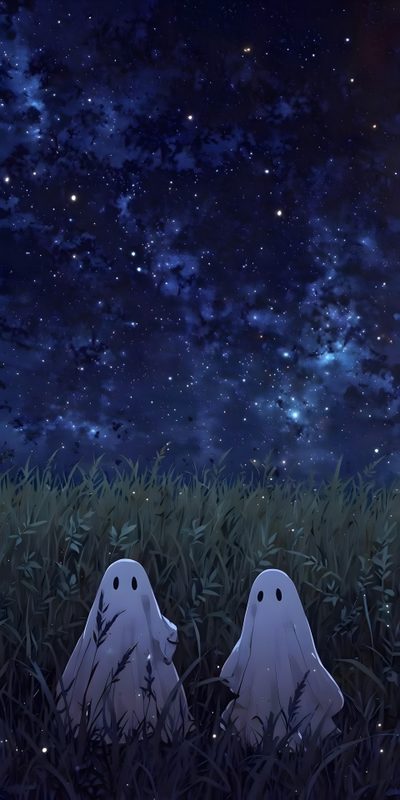 two ghost heads sitting in the grass under a night sky filled with stars and clouds Rainy Halloween Night Sky Matching Halloween, Ghost Iphone, Ghost Phone Aesthetic, Spooky, midnight blue