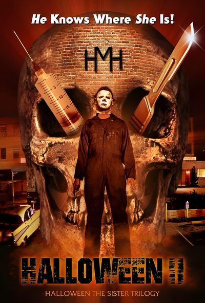 a movie poster for halloween ii with a man standing in front of a large skull Halloween 2 2009 Halloween Ii 2009 Poster, Halloween Ii 1981 Movie Poster, Halloween Ii 1981 Poster, maroon