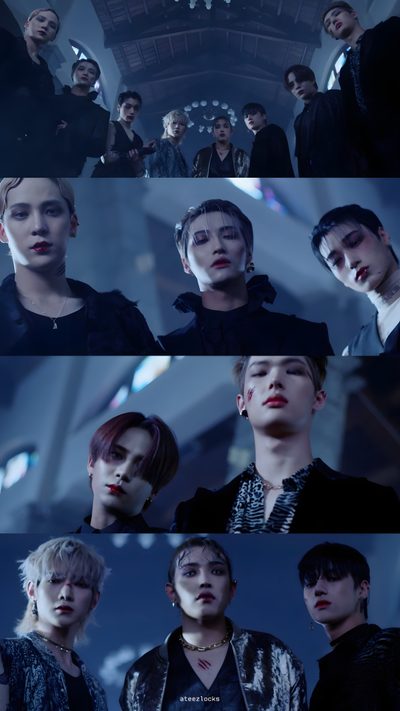 some people are standing together and one is looking up at the sky with his eyes closed Ateez Halloween Ateez Hala Hala Photoshoot, The Black Cat Nero, Kpop Demon Hunters Boy Group, midnight blue