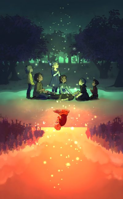 some people are sitting on the ground at night and one is watching something in the sky The Owl House Halloween Fantasy High, Boiling Isles, The Owl House Background Art, dark olive green