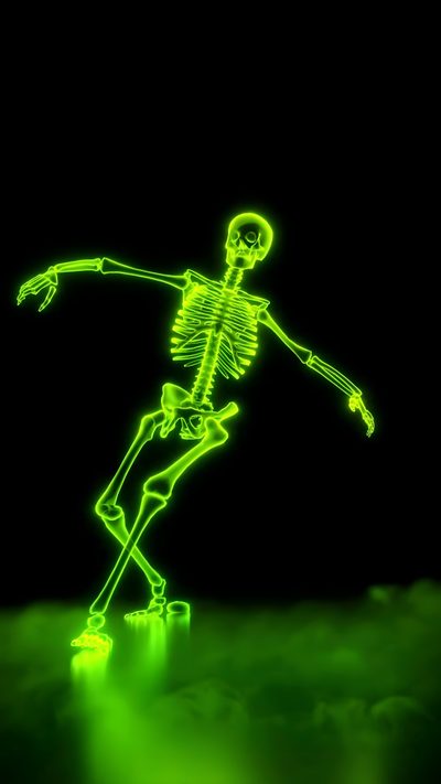 a neon green skeleton skates through the air in front of a black background with white clouds Halloween Dancing Skeleton Charging Animation, Cool Lock Screen, Happy Halloween Pictures, Cool Galaxy, black