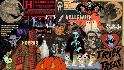 an image of halloween collage with pumpkins, ghost and other things on it Halloween Movie Desktop Christmas Horror, Scary Stories, Halloween Laptop Aesthetic, Classic, saddle brown