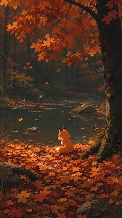 a painting of a dog sitting under a tree in the fall with leaves on the ground Halloween Forest Animals Autumn Fantasy, Fall Backgrounds, Fox, Cute Fox, Fox Artwork, dark slate gray