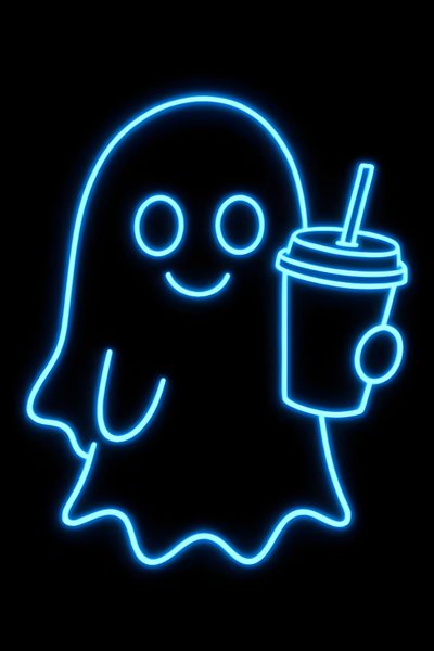 a neon sign with a ghost holding a drink Glowing Neon Halloween To Go Coffee Cups, Little Planet, Spooky Decor, Neon Blue, Marca De Ropa, black