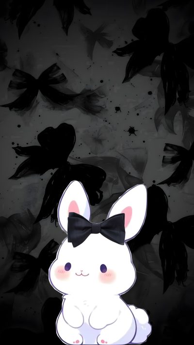 a rabbit with a bow tie sitting in front of some black and white birds on a dark background Halloween Bunny Cute Dark And Cute For Phone, Cute Dark, Cartoon Black Bunny,