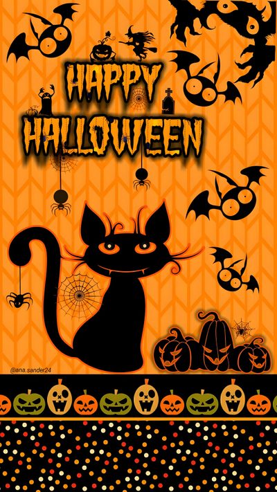a happy halloween card with a black cat and pumpkins Halloween Cats Bats Owls Spiders Sm Halloween Cellphone, Halloween Black Cat Pillow, Happy Halloween Backgrounds, dark orange