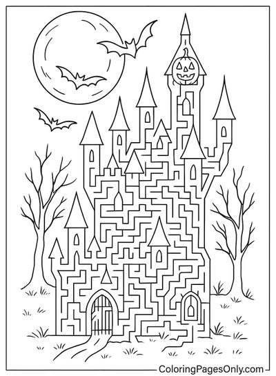 a coloring page with a castle and bats in the sky, as well as a full moon Halloween Maze Otomi Embroidery Playmat Halloween Maze Coloring Pages, Maze Pages Printable, Halloween Maze Printable Hard, white